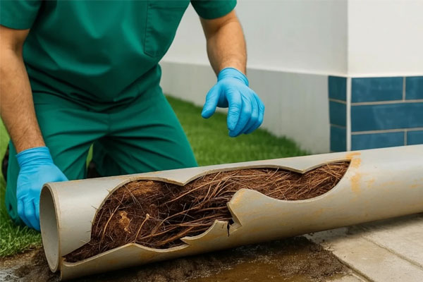 شکستگی لوله با ریشه درخت